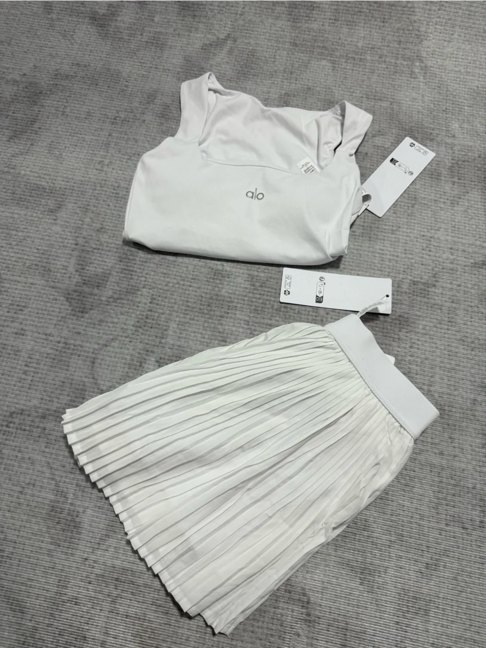 ALO Yoga White Pleated Skater Skirt with Matching White Crop Tank
